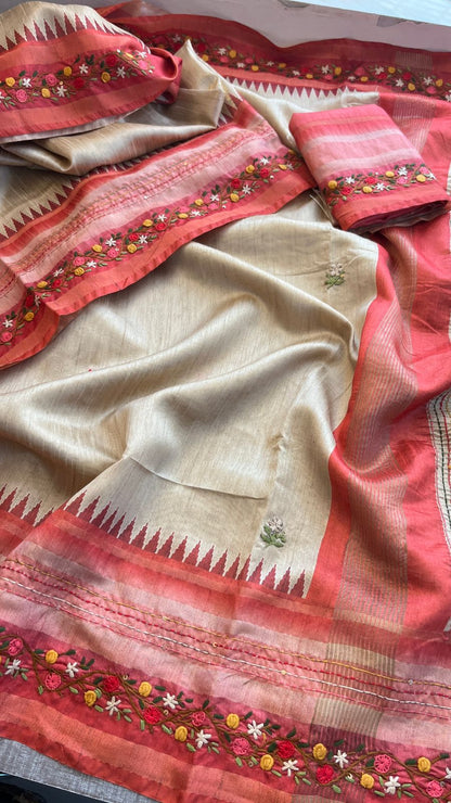 Pure Tussar Linen Silk Saree with Hand Knot & Katha Work