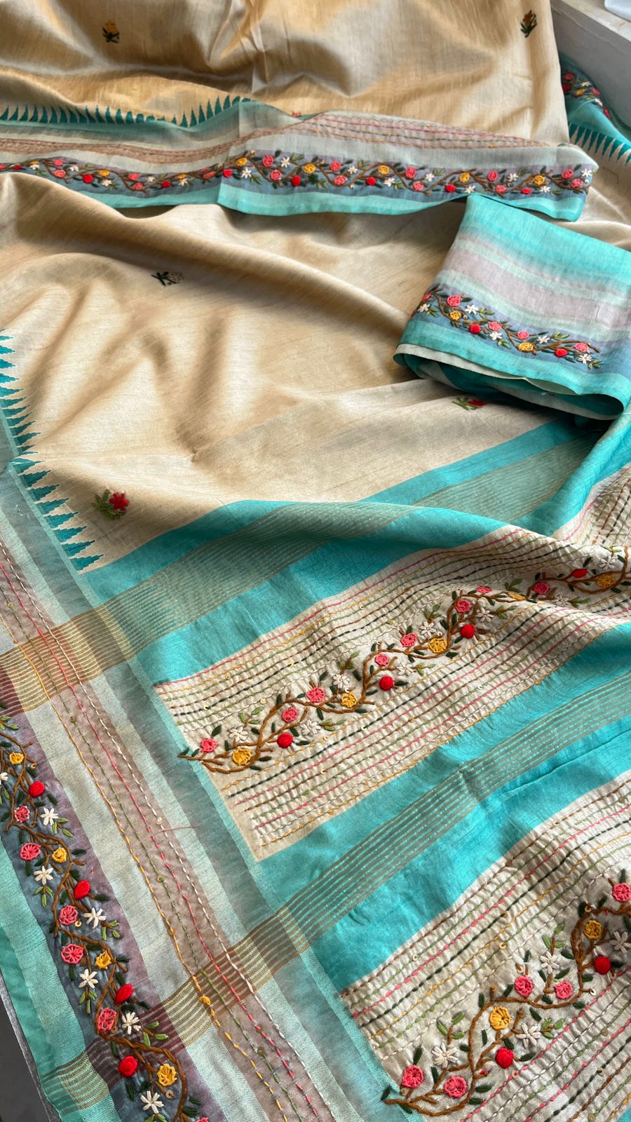 Pure Tussar Linen Silk Saree with Hand Knot & Katha Work
