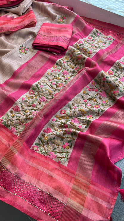 Pure Tussar Linen Silk Saree with Hand Knot & Katha Work