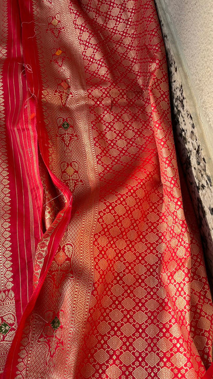 Pure Katan Silk Saree with Zari Weaving & Meena Jaal Pattern