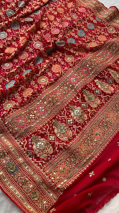 Pure Khaddi Georgette Dupatta with Handcrafted Gotta Patti & Heavy Zardozi Work