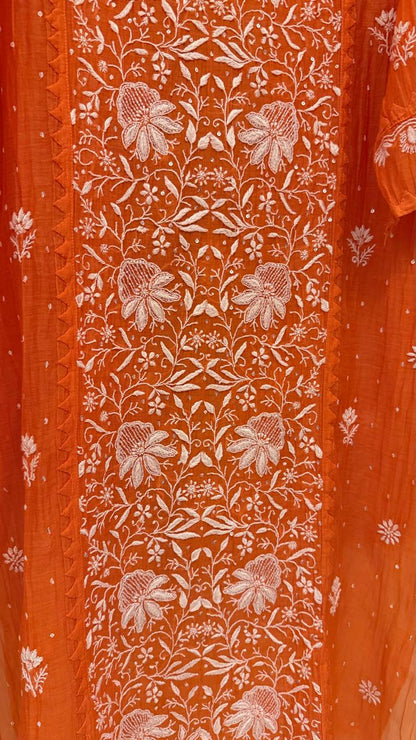 Mul Chanderi Semi-Stitched Kurta Dupatta Set with Pearl, Sequin & Katdana Work