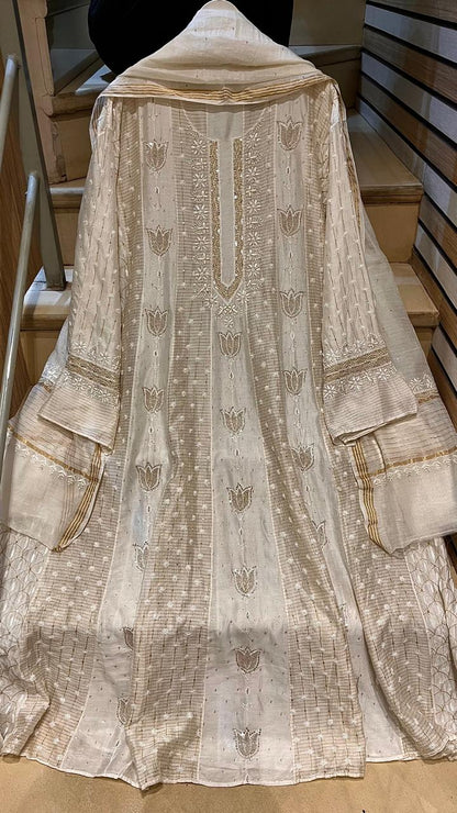 Pure Chanderi Anarkali Kurta Dupatta Set with Pearl, Sequin, Katdana & Kasab Work