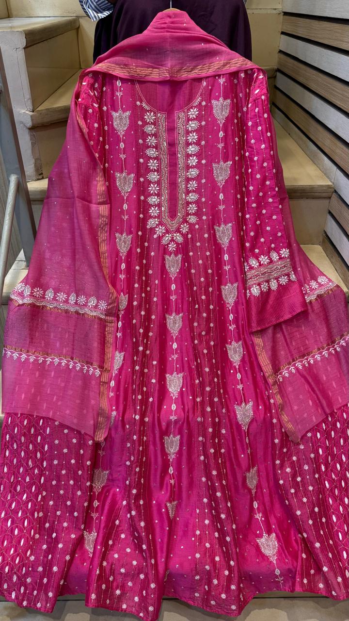 Pure Chanderi Anarkali Kurta Dupatta Set with Pearl, Sequin, Katdana & Kasab Work