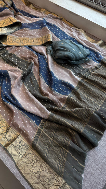 Chinon Crepe Banarasi Saree with Bandhani Print Design