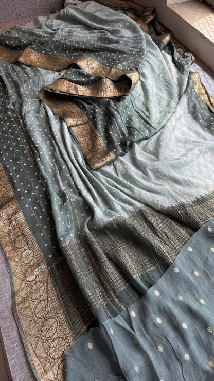 Chinon Crepe Banarasi Saree with Bandhani Print Design