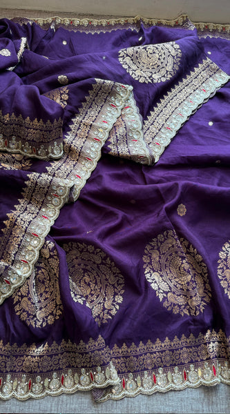 Munga Silk Saree with Zardozi, Pearl & Kutdana Embroidery