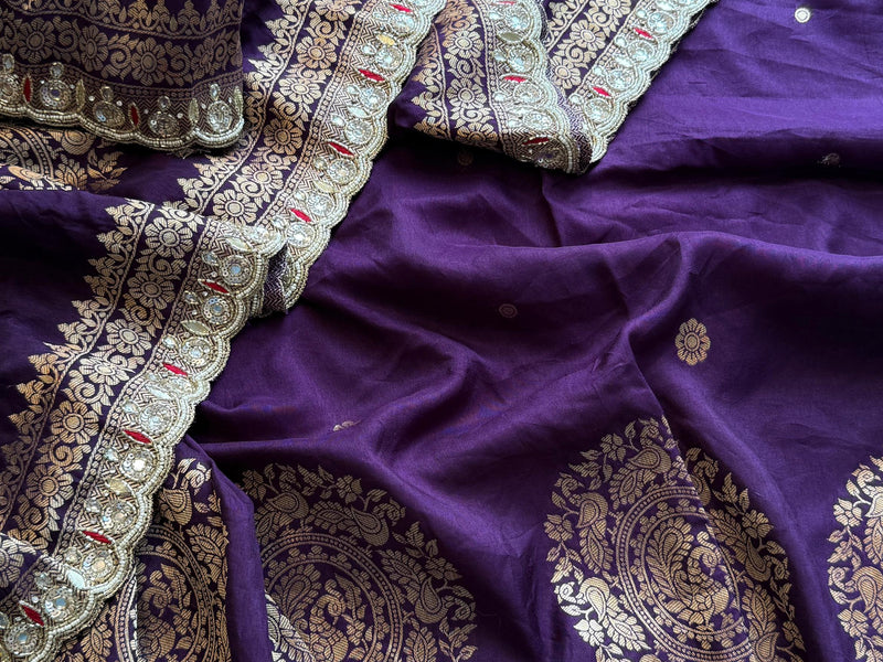 Munga Silk Saree with Zardozi, Pearl & Kutdana Embroidery