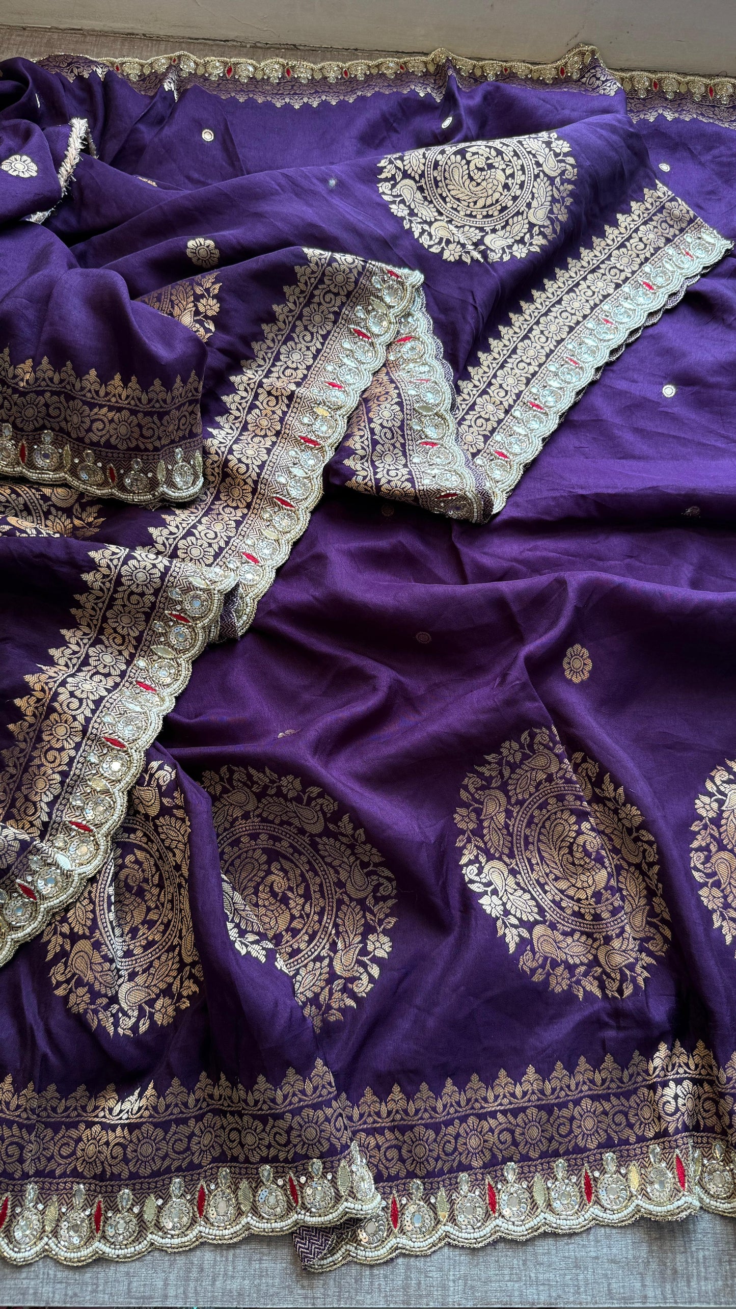 Munga Silk Saree with Zardozi, Pearl & Kutdana Embroidery