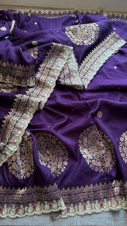Munga Silk Saree with Zardozi, Pearl & Kutdana Embroidery