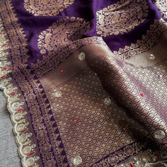 Munga Silk Saree with Zardozi, Pearl & Kutdana Embroidery