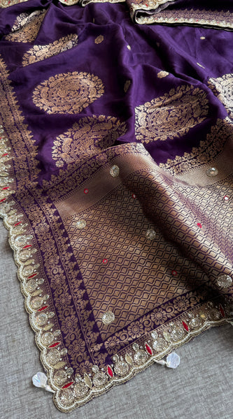 Munga Silk Saree with Zardozi, Pearl & Kutdana Embroidery