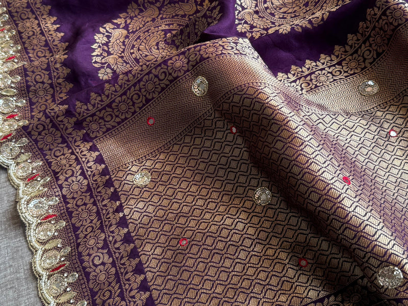 Munga Silk Saree with Zardozi, Pearl & Kutdana Embroidery