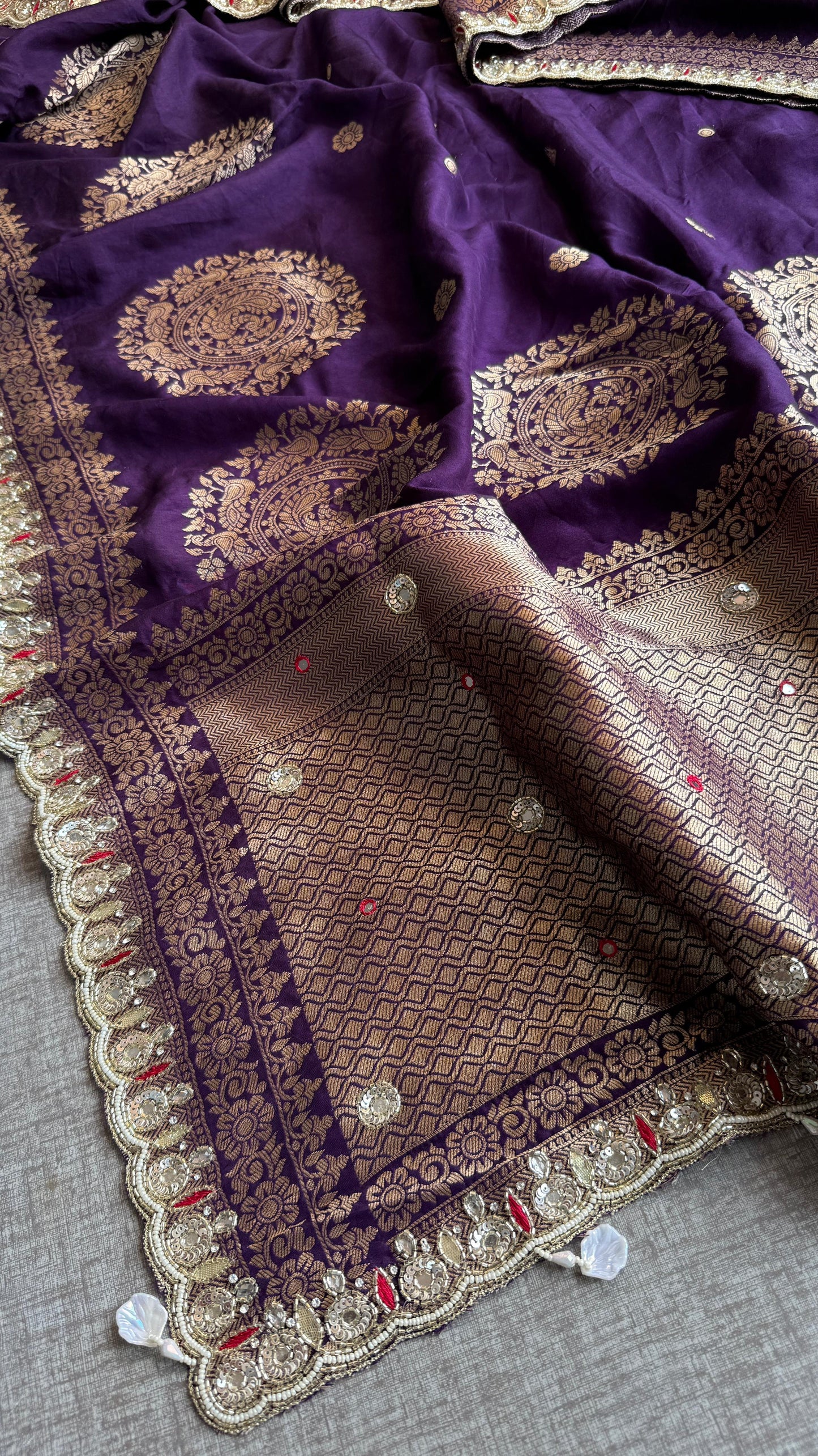 Munga Silk Saree with Zardozi, Pearl & Kutdana Embroidery