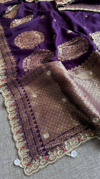 Munga Silk Saree with Zardozi, Pearl & Kutdana Embroidery