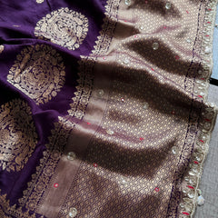 Munga Silk Saree with Zardozi, Pearl & Kutdana Embroidery