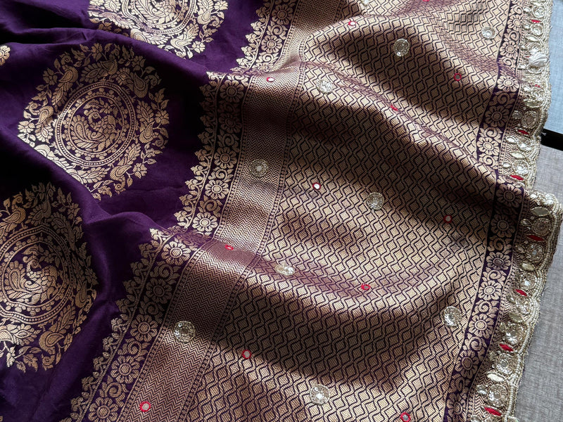 Munga Silk Saree with Zardozi, Pearl & Kutdana Embroidery