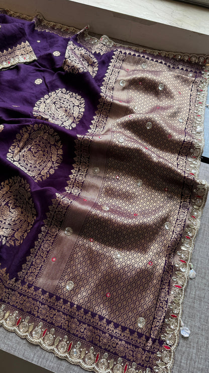 Munga Silk Saree with Zardozi, Pearl & Kutdana Embroidery