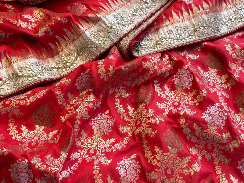 Munga Patola Silk Saree with Gotapatti & Pearl Embroidery