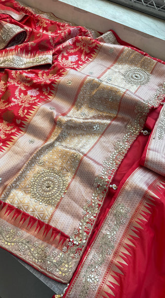 Munga Patola Silk Saree with Gotapatti & Pearl Embroidery