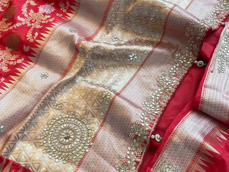 Munga Patola Silk Saree with Gotapatti & Pearl Embroidery