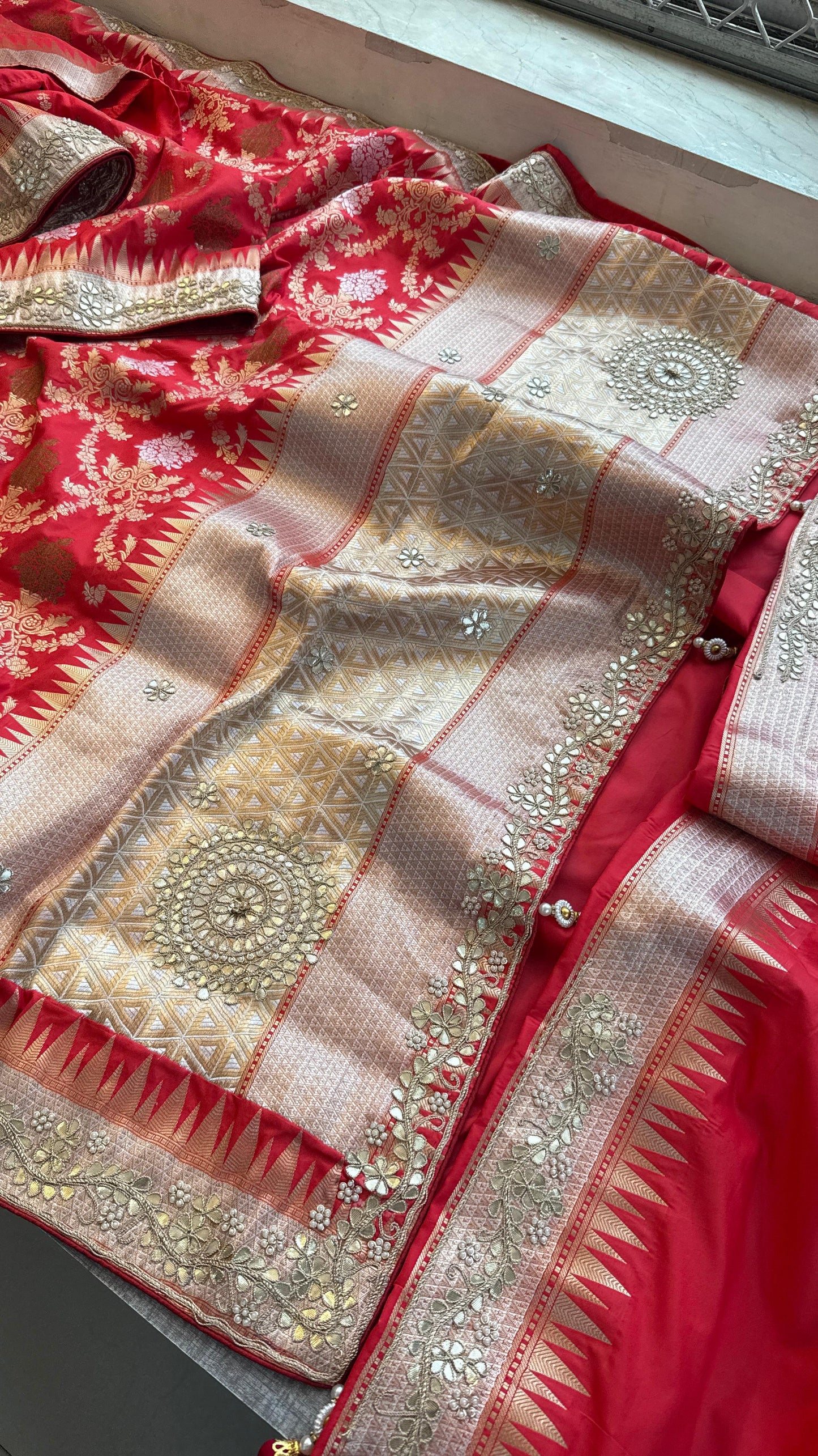 Munga Patola Silk Saree with Gotapatti & Pearl Embroidery