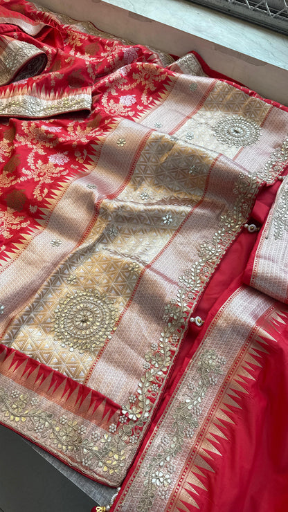 Munga Patola Silk Saree with Gotapatti & Pearl Embroidery