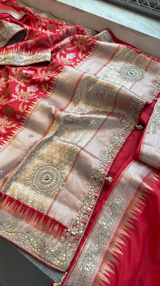 Munga Patola Silk Saree with Gotapatti & Pearl Embroidery