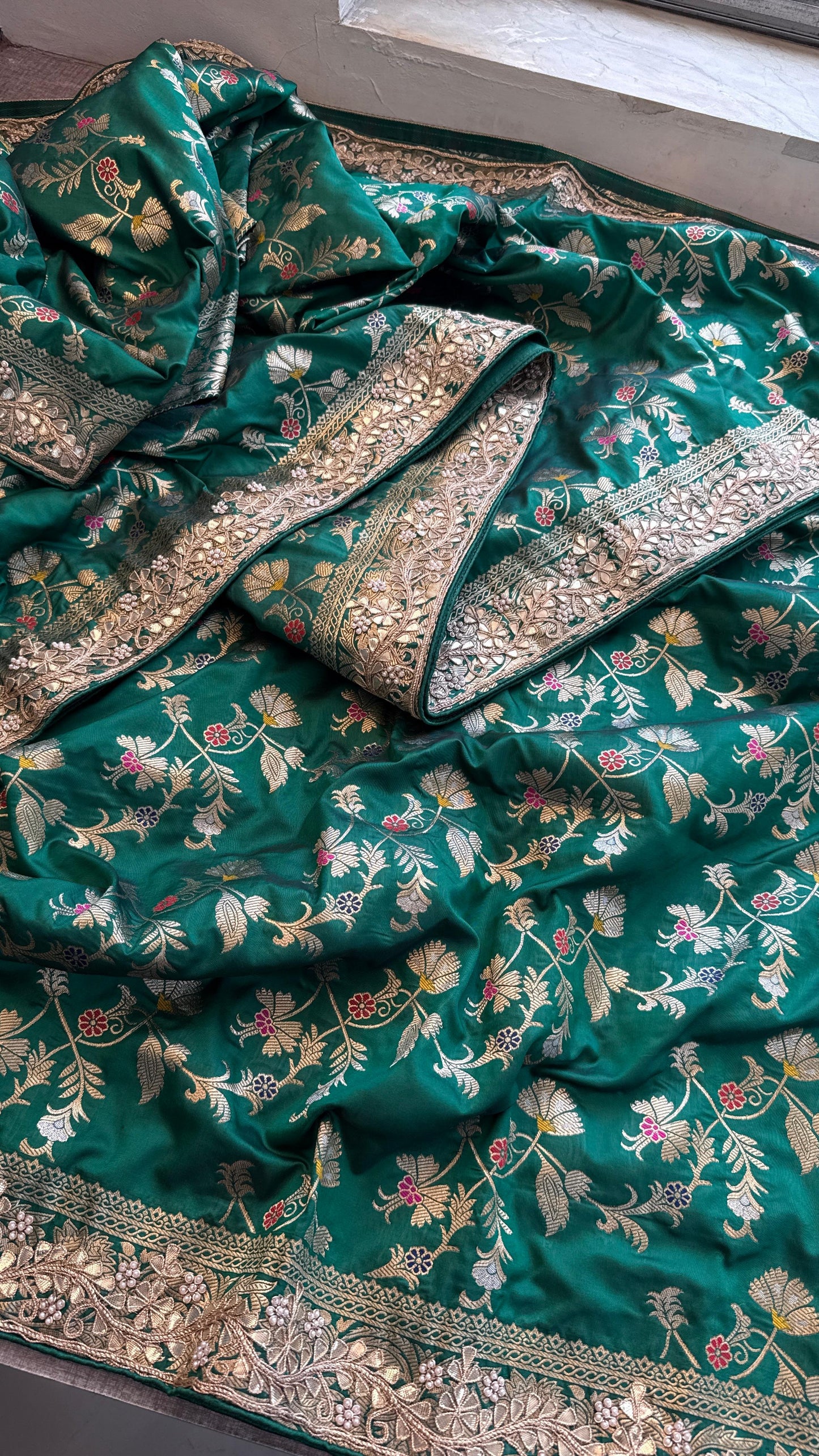 Munga Patola Silk Saree with Gotapatti & Pearl Embroidery