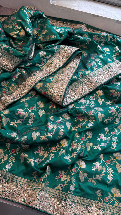 Munga Patola Silk Saree with Gotapatti & Pearl Embroidery