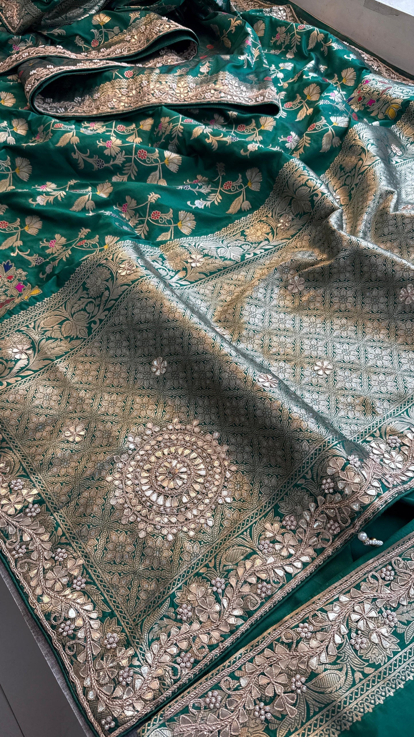 Munga Patola Silk Saree with Gotapatti & Pearl Embroidery