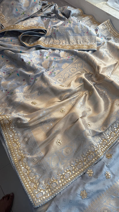 Munga Patola Silk Saree with Sequins & Pearl Embroidery