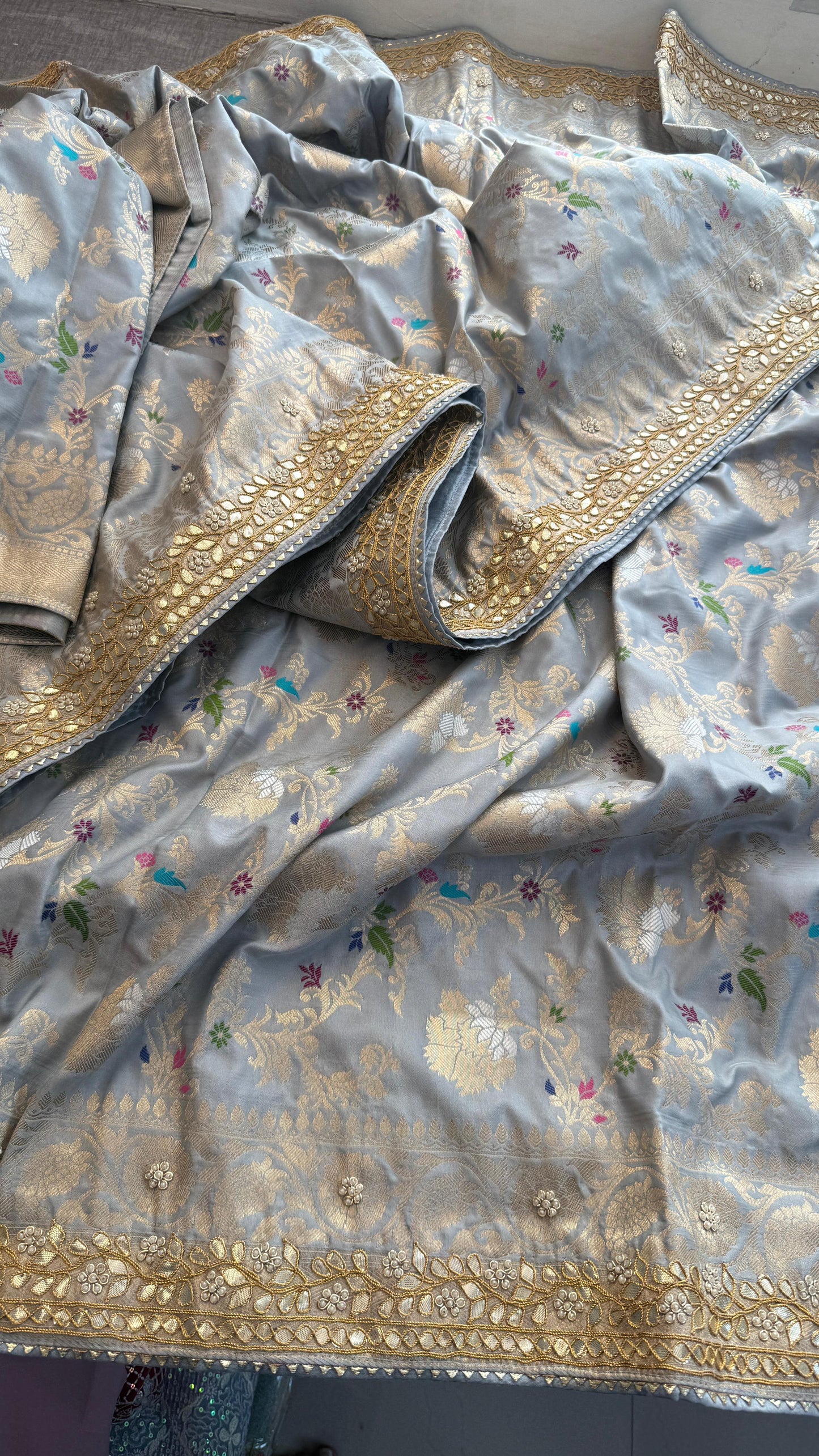 Munga Patola Silk Saree with Sequins & Pearl Embroidery