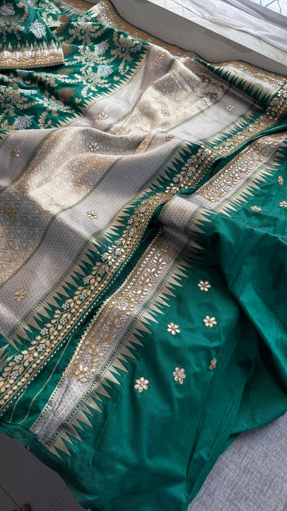 Munga Patola Silk Saree with Sequins & Pearl Embroidery