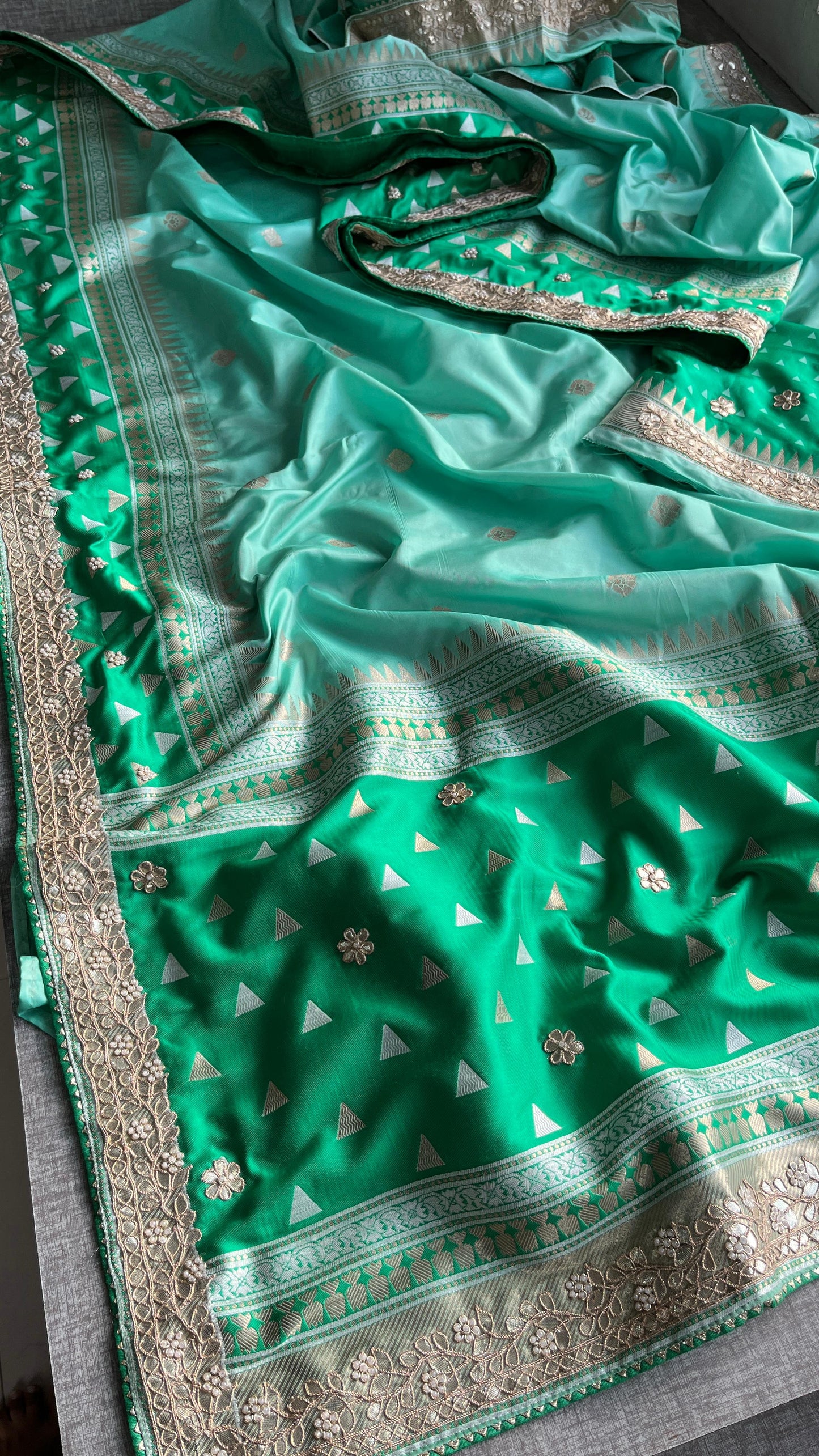 Munga Patola Silk Saree with Sequins & Pearl Embroidery
