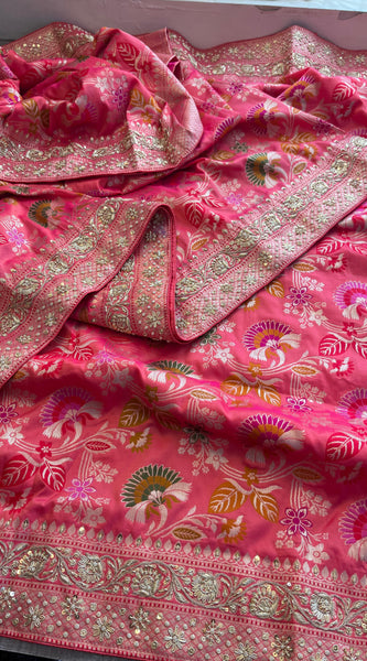 Munga Silk Banarasi Saree with Zardozi & Pearl Accents