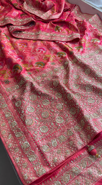 Munga Silk Banarasi Saree with Zardozi & Pearl Accents