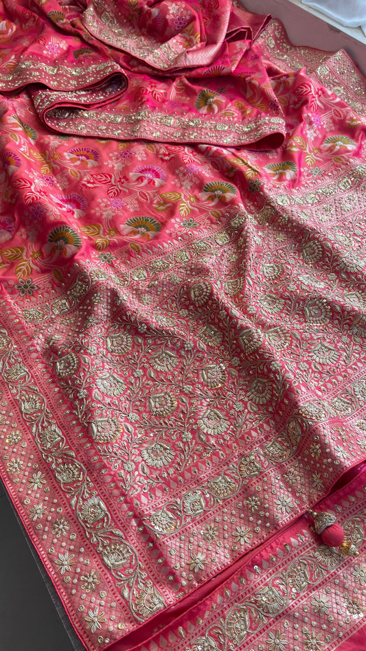 Munga Silk Banarasi Saree with Zardozi & Pearl Accents