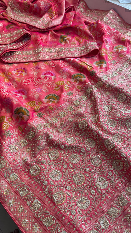 Munga Silk Banarasi Saree with Zardozi & Pearl Accents