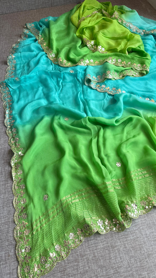 Chinon Crepe Saree with Kasab & Gotapatti Embroidery