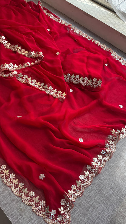 Chiffon Saree with Zardozi, Pearl & Gotapatti Highlights