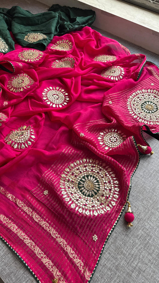 Munga Silk Banarasi Saree with Anchor, Pearl & Zardozi
