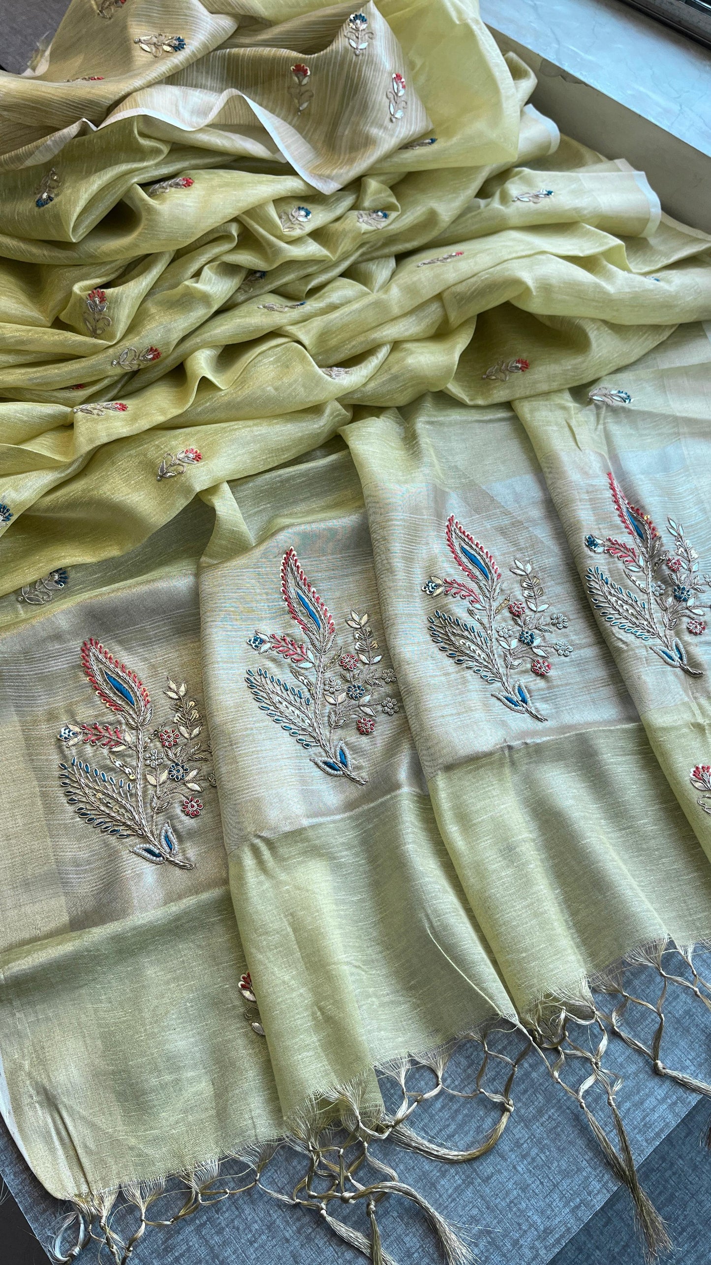 Banarasi Tissue Linen Silk Saree with Resham & Gotapatti Work