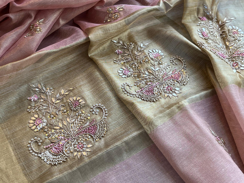 Tissue Linen Silk Banarasi Saree with Pearl & Resham Work