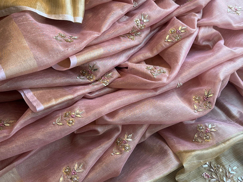 Tissue Linen Silk Banarasi Saree with Pearl & Resham Work