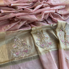 Tissue Linen Silk Banarasi Saree with Pearl & Resham Work