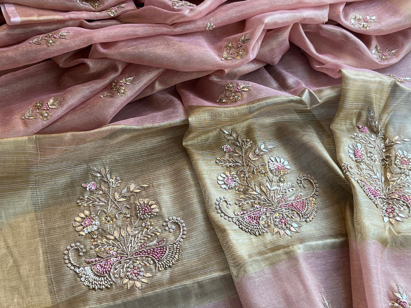 Tissue Linen Silk Banarasi Saree with Pearl & Resham Work