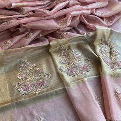 Tissue Linen Silk Banarasi Saree with Pearl & Resham Work