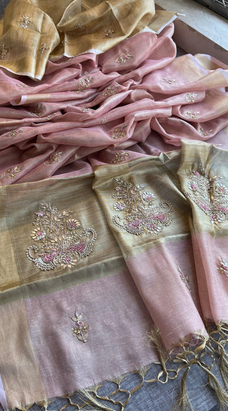 Tissue Linen Silk Banarasi Saree with Pearl & Resham Work