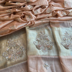 Tissue Linen Silk Banarasi Saree with Pearl & Resham Work
